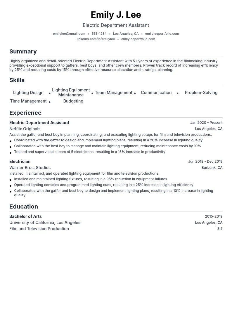 Electric Department Assistant resume example