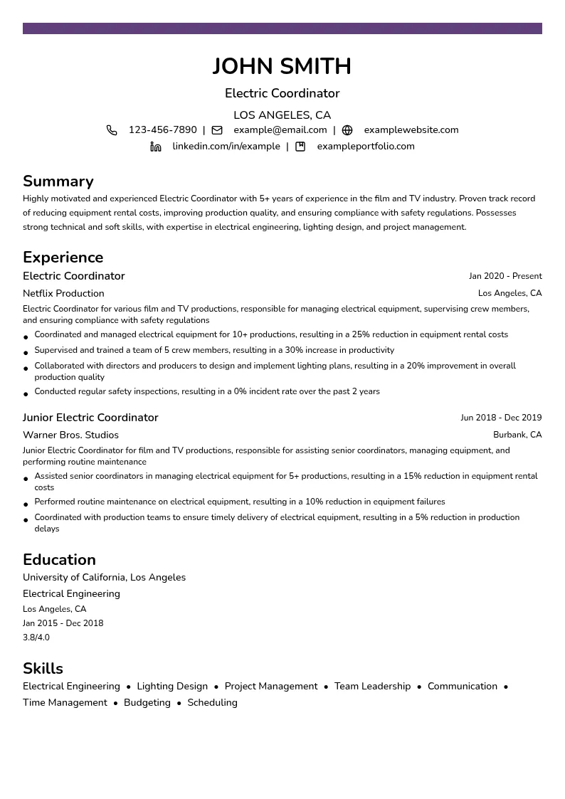Electric Coordinator resume example