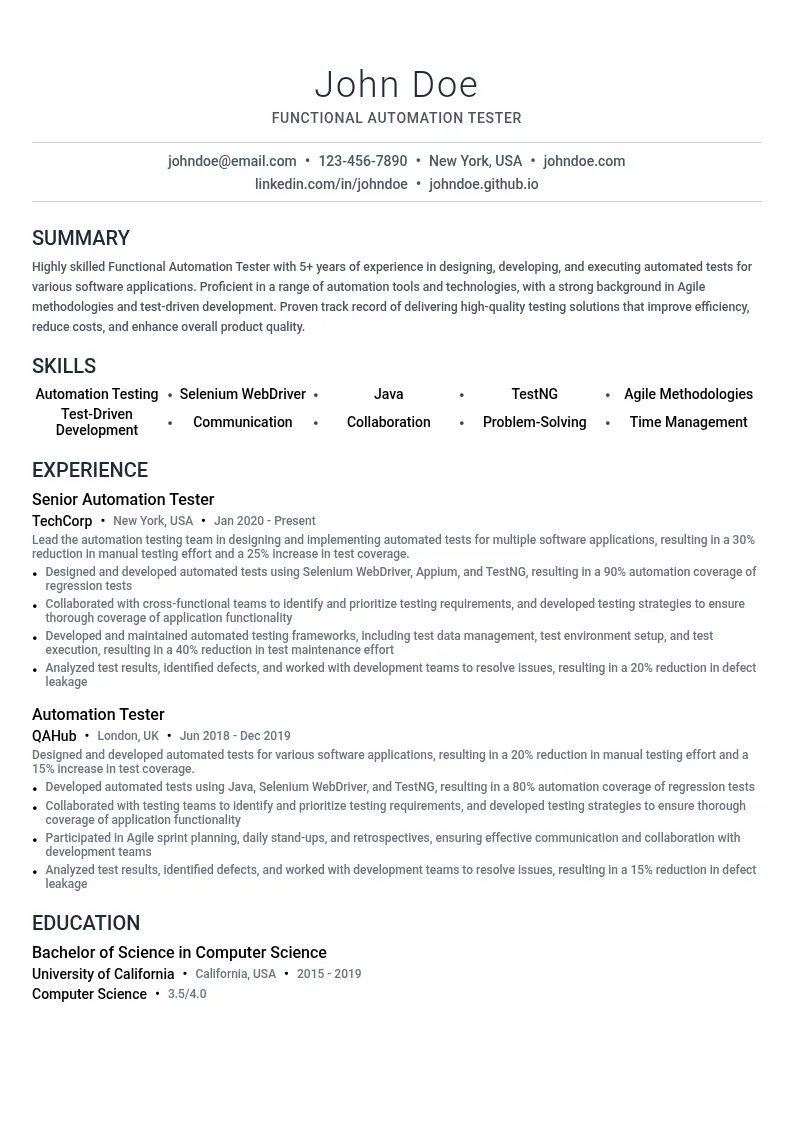 Functional Automation Tester resume example