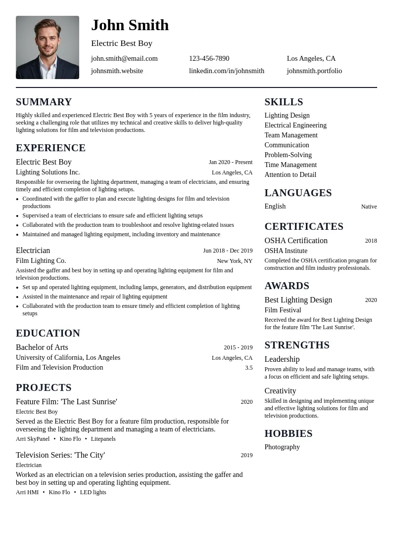 Electric Best Boy resume example