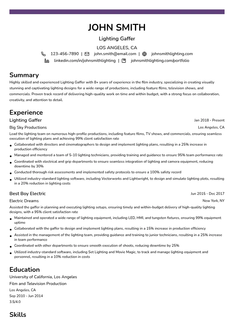 Lighting Gaffer resume example