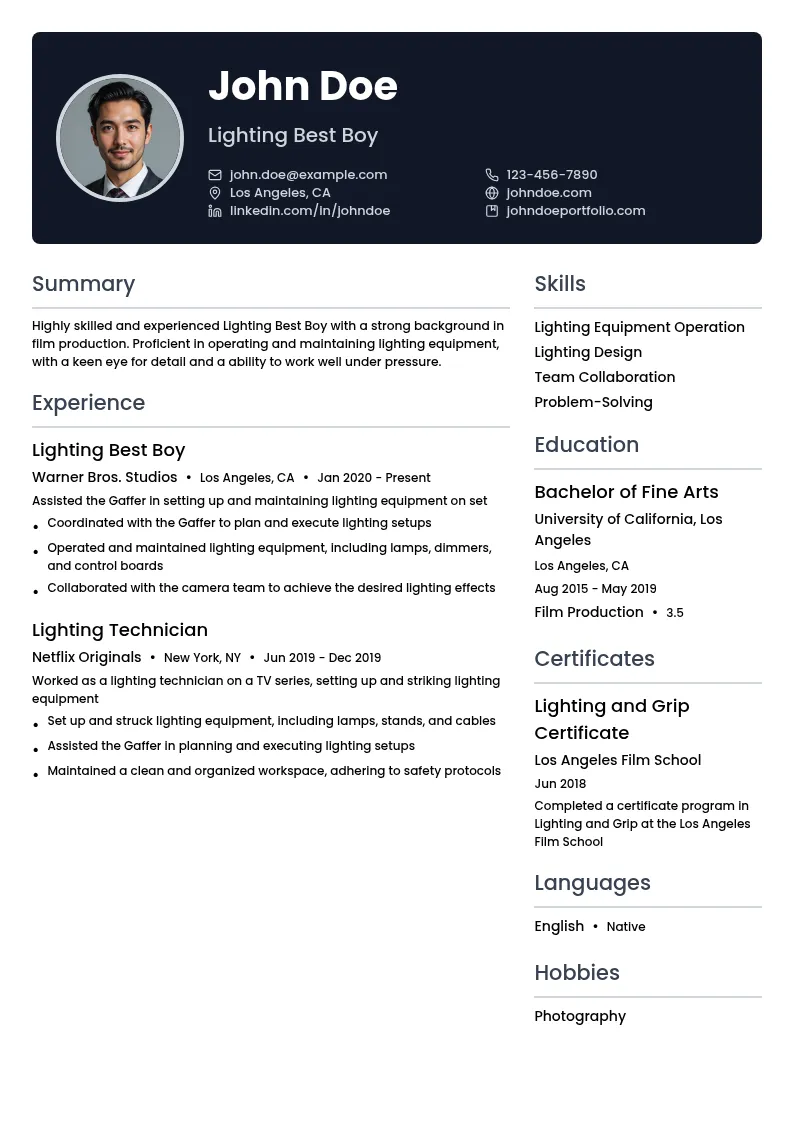 Lighting Best Boy resume example