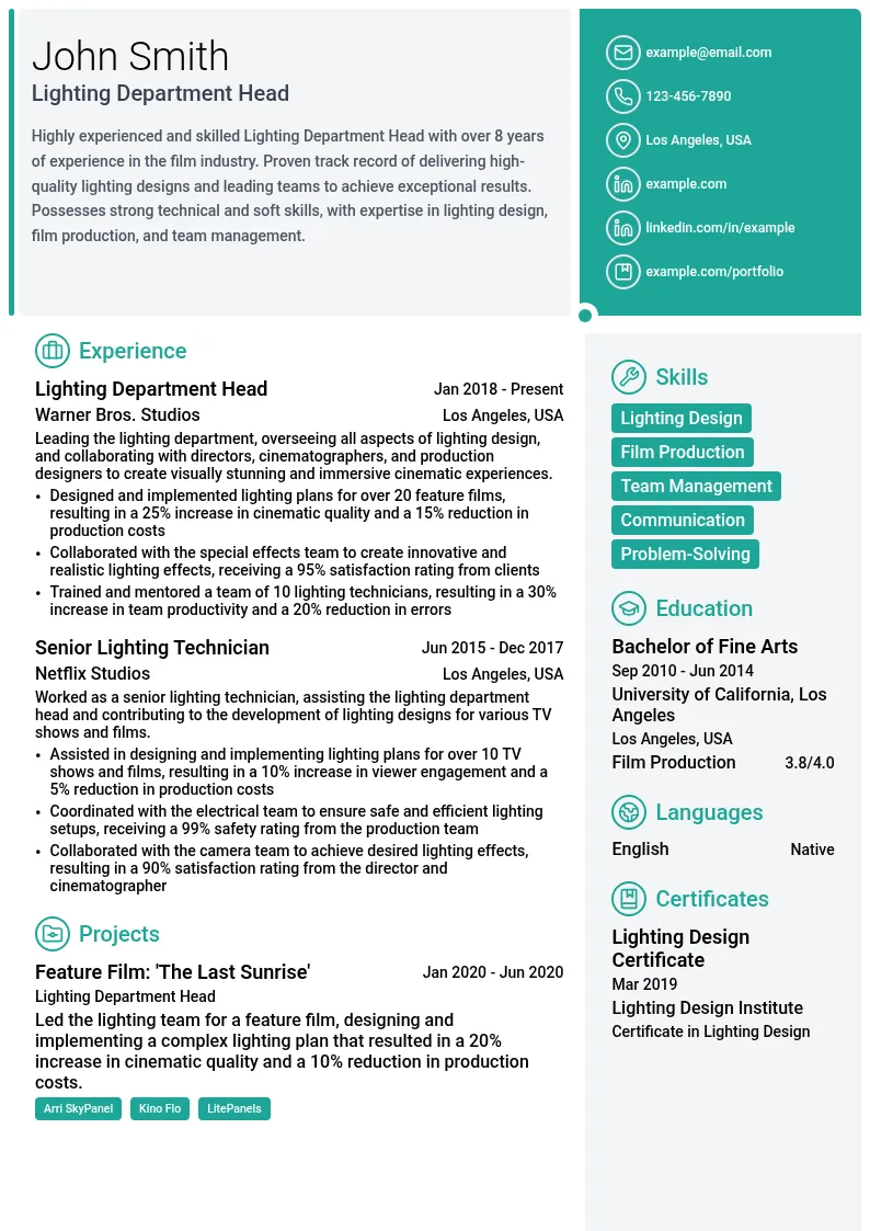 Lighting Department Head resume example