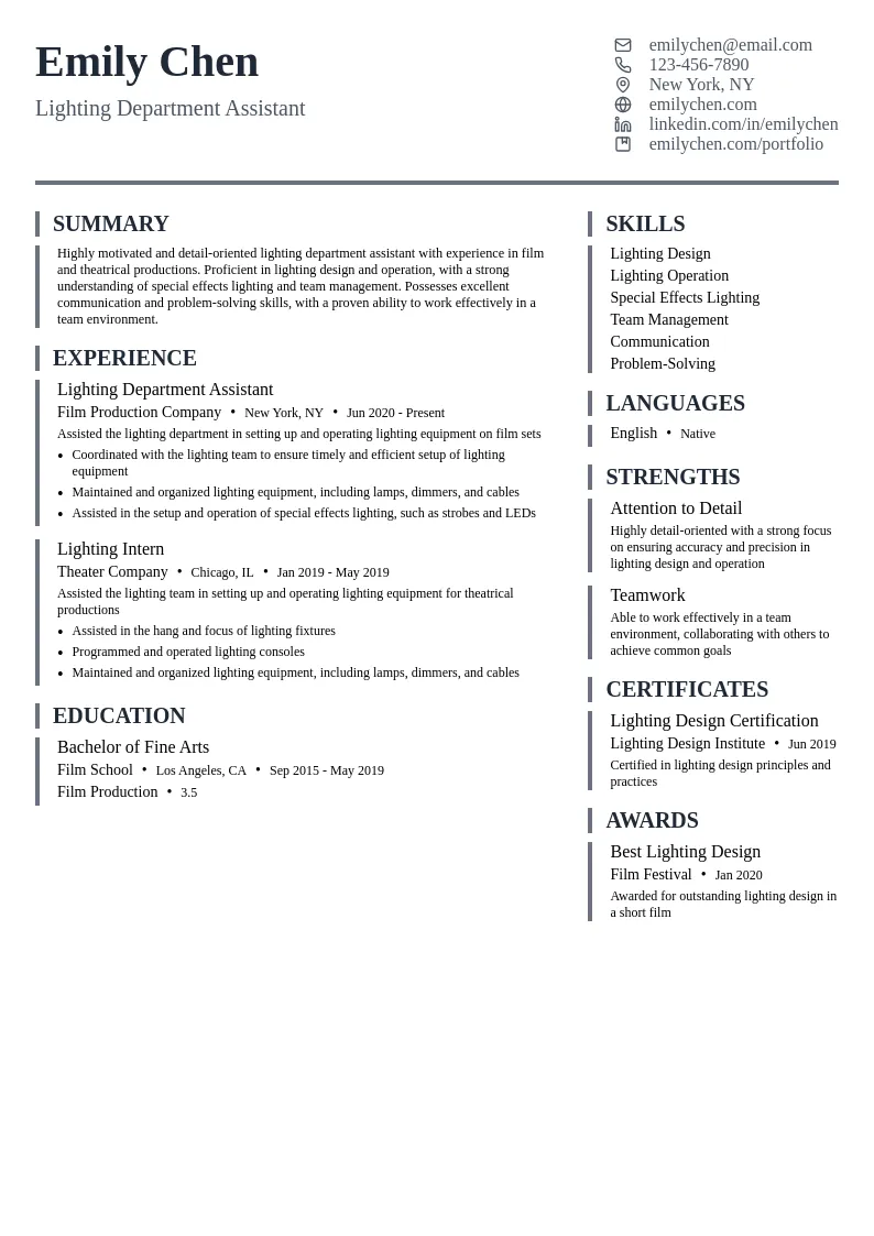 Lighting Department Assistant resume example