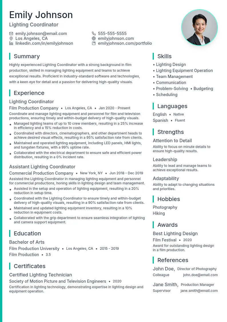 Lighting Coordinator resume example
