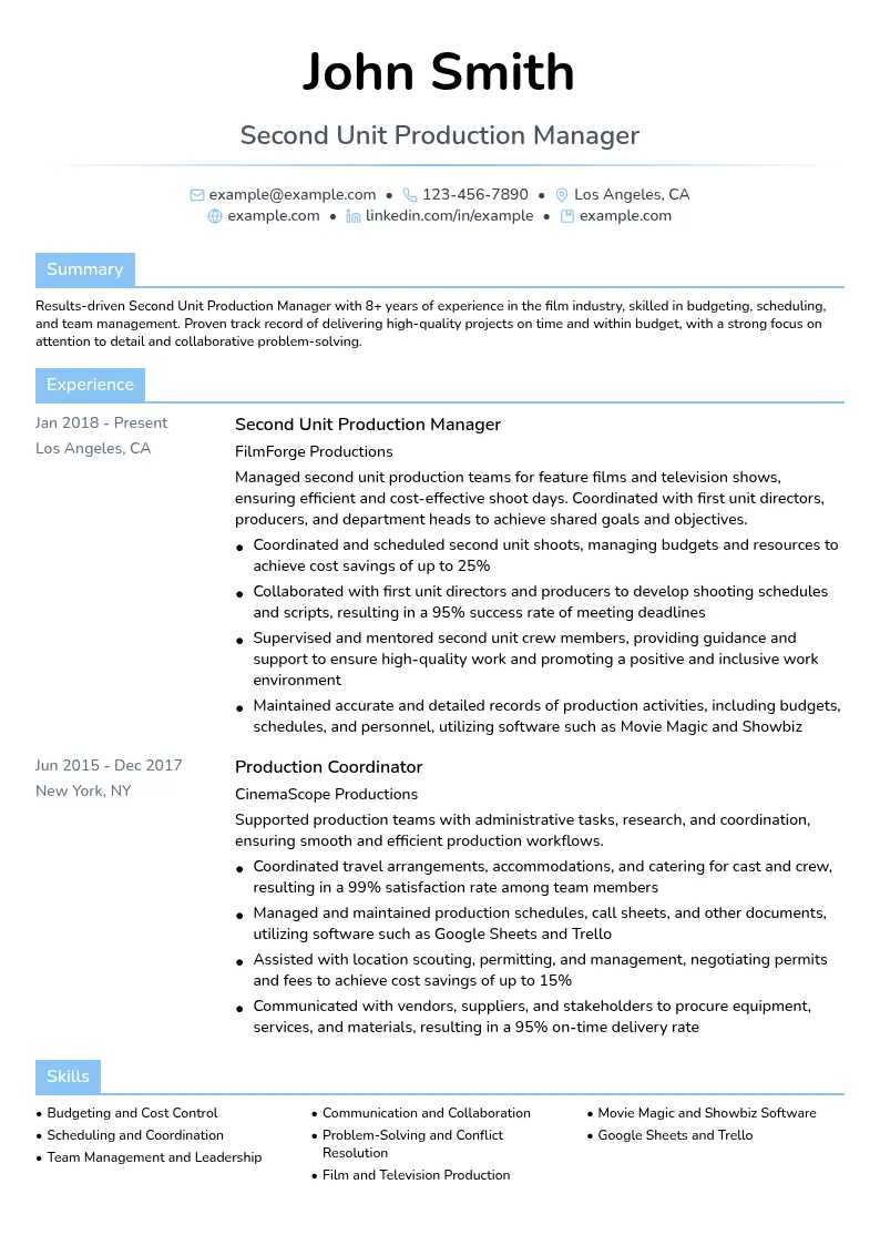 Second Unit Production Manager resume example