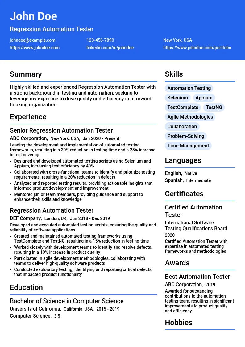 Regression Automation Tester resume example