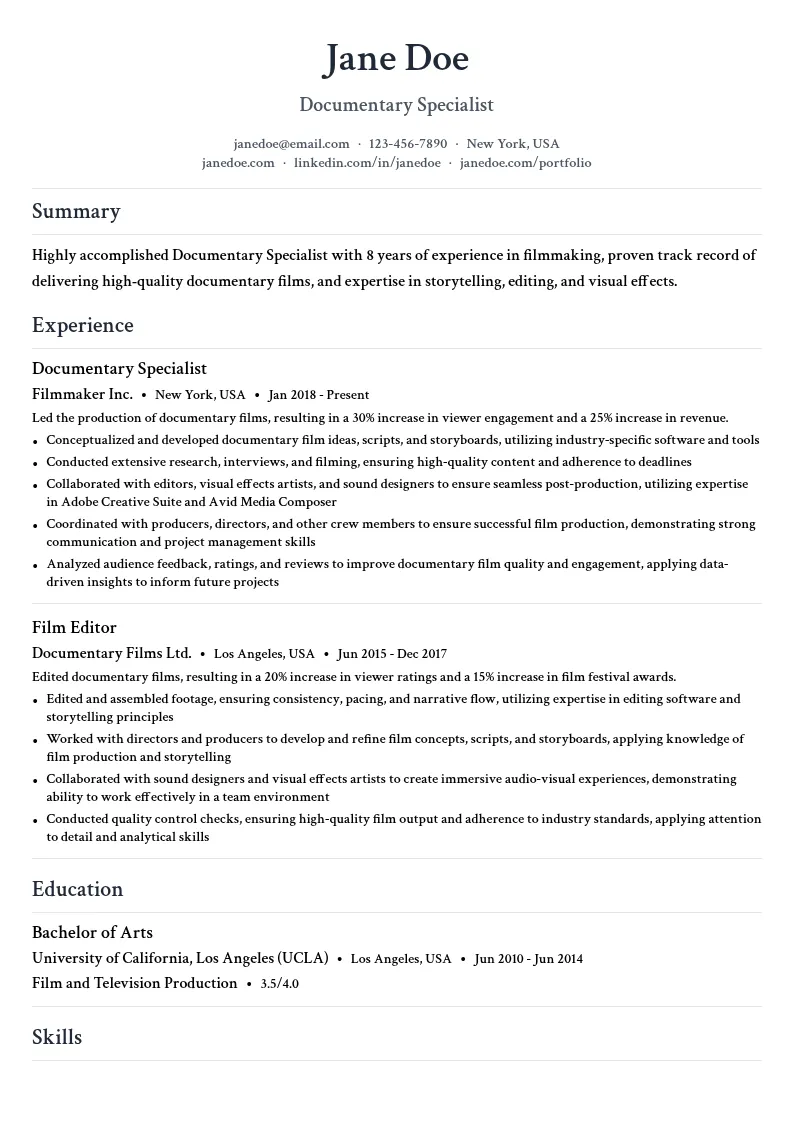 Documentary Specialist resume example