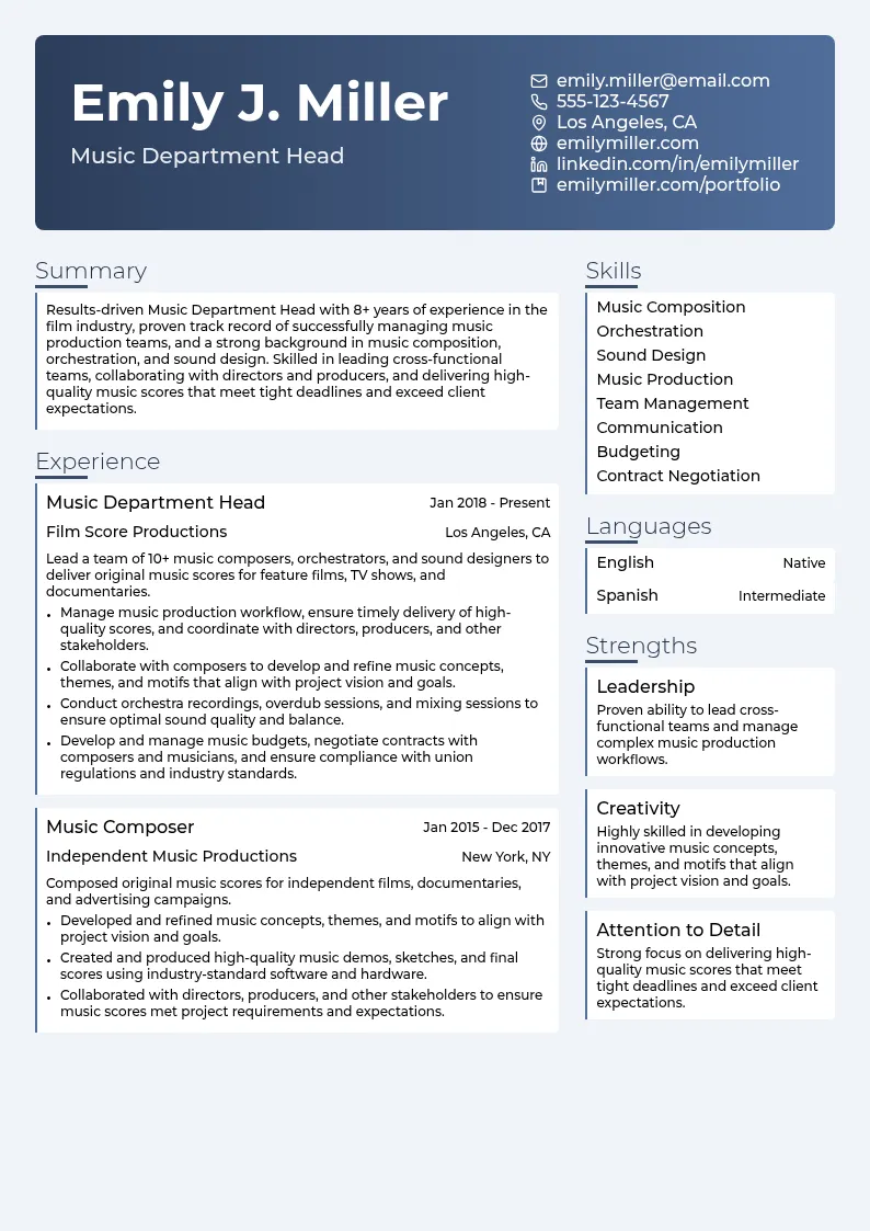 Music Department Head resume example