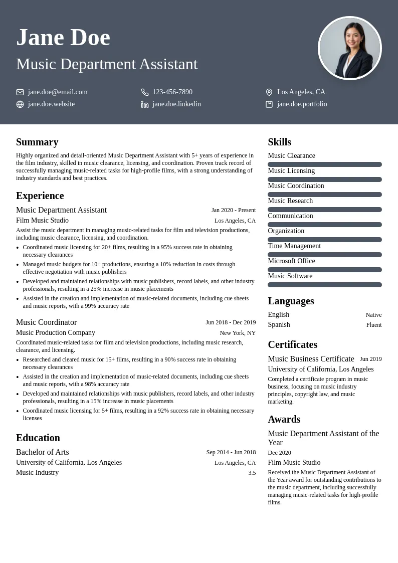 Music Department Assistant resume example