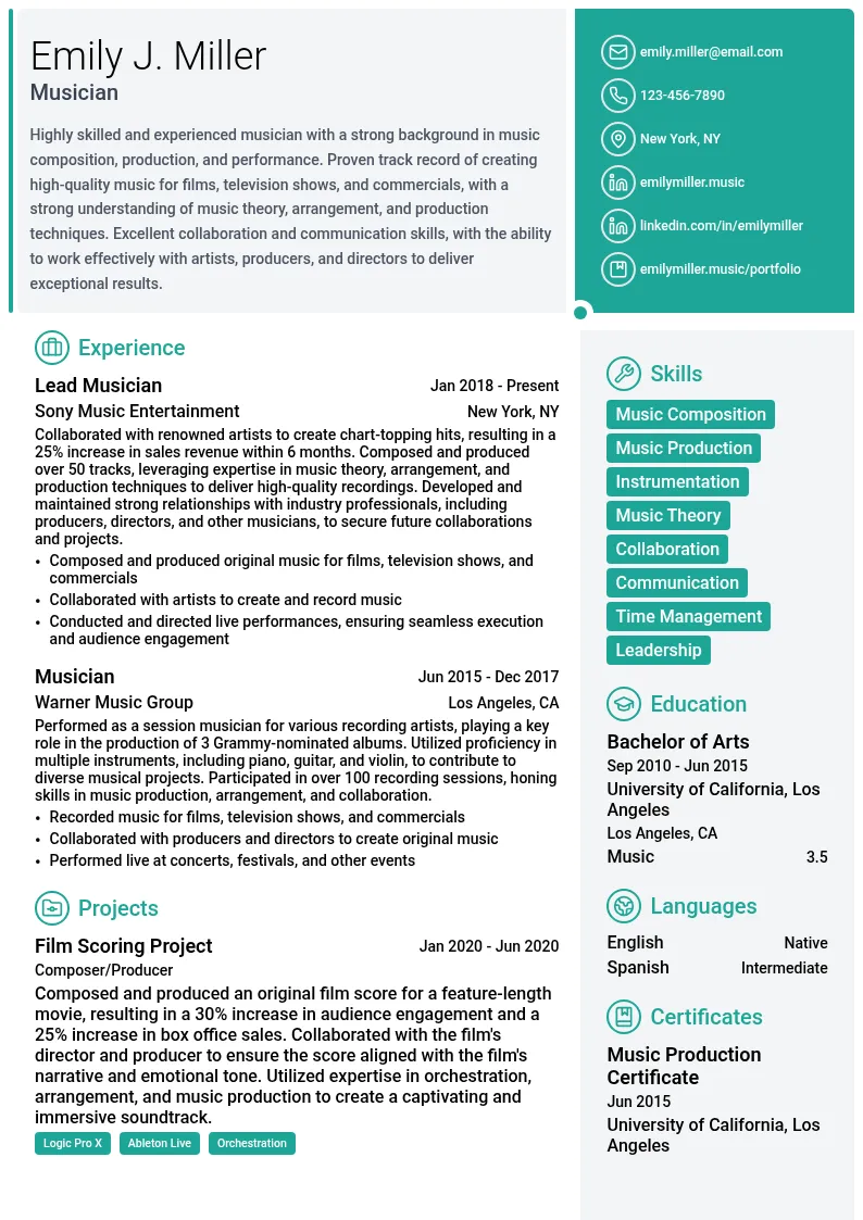 Musician resume example