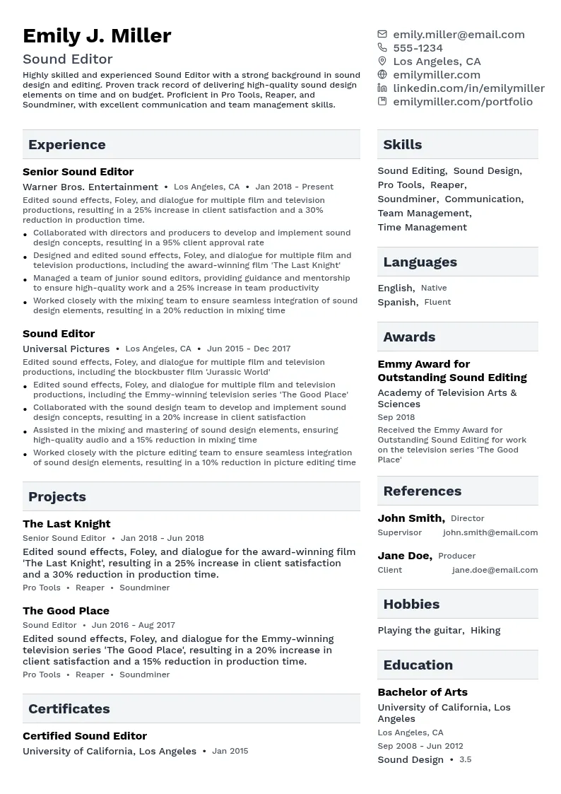 Sound Editor resume example