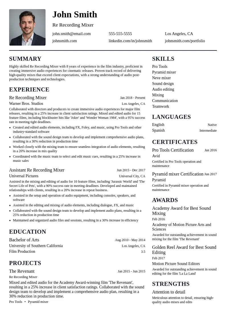 Re Recording Mixer resume example