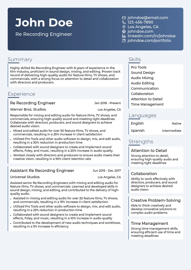 Re Recording Engineer resume example