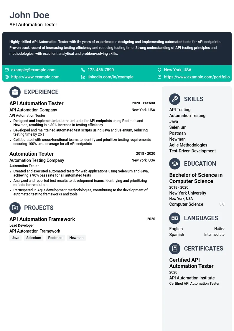 API Automation Tester resume example
