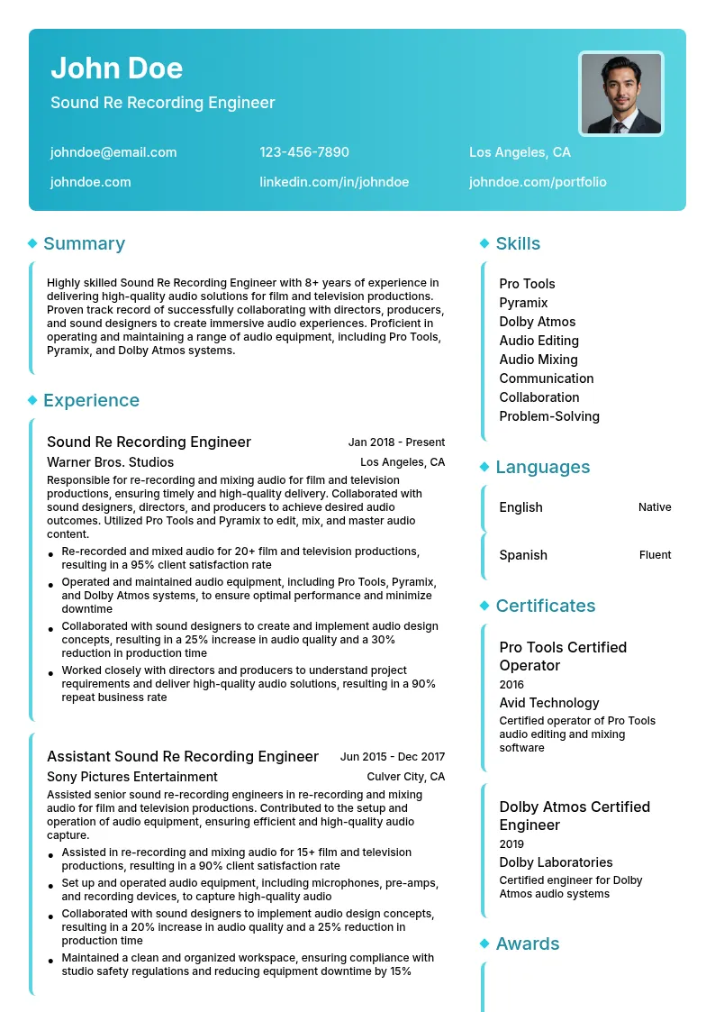 Sound Re Recording Engineer resume example