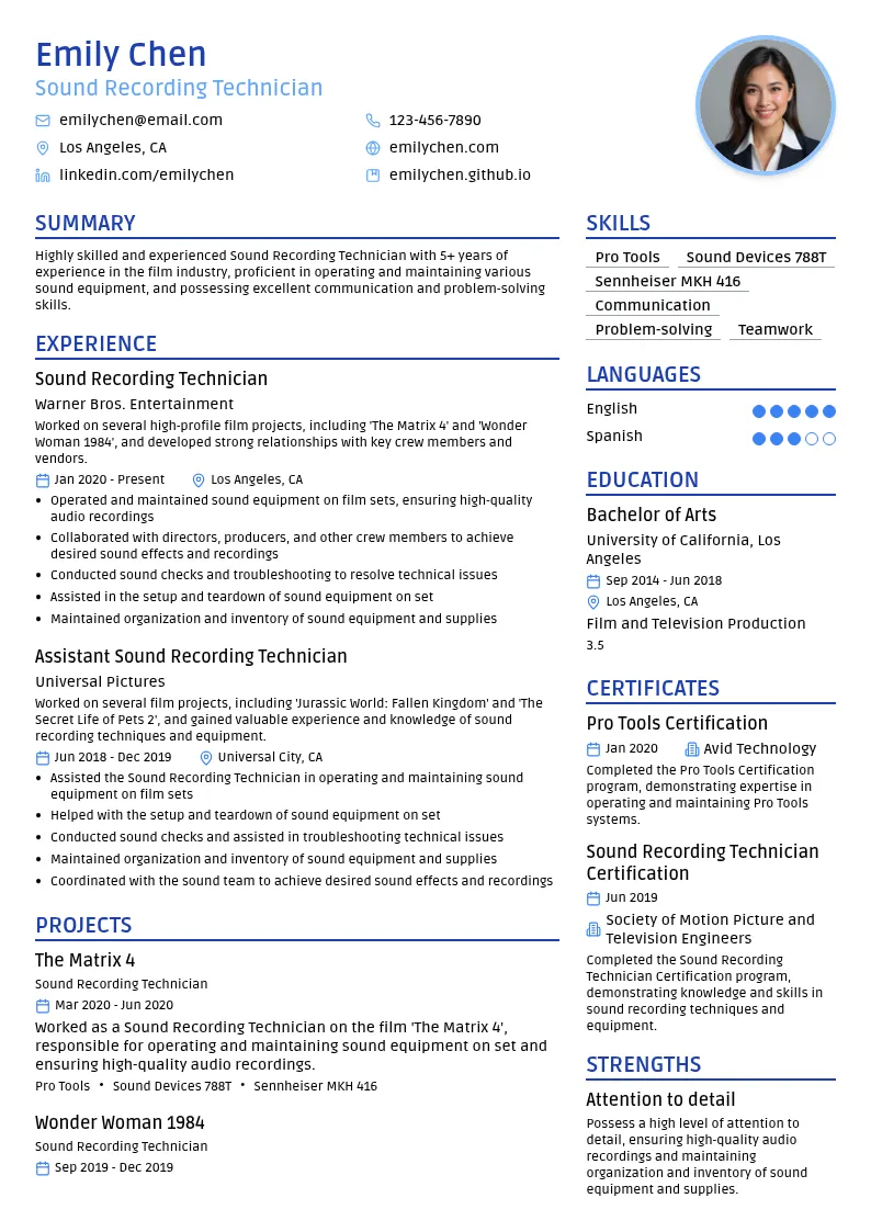 Sound Recording Technician resume example