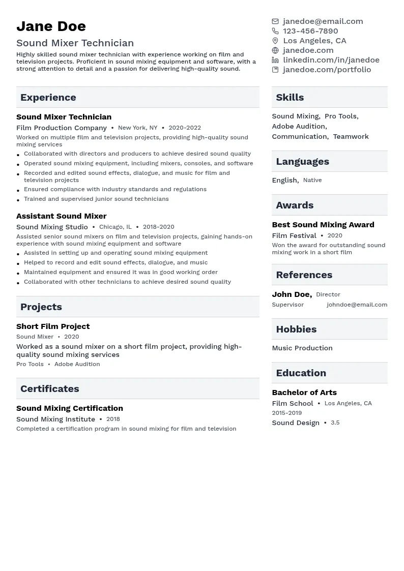 Sound Mixer Technician resume example