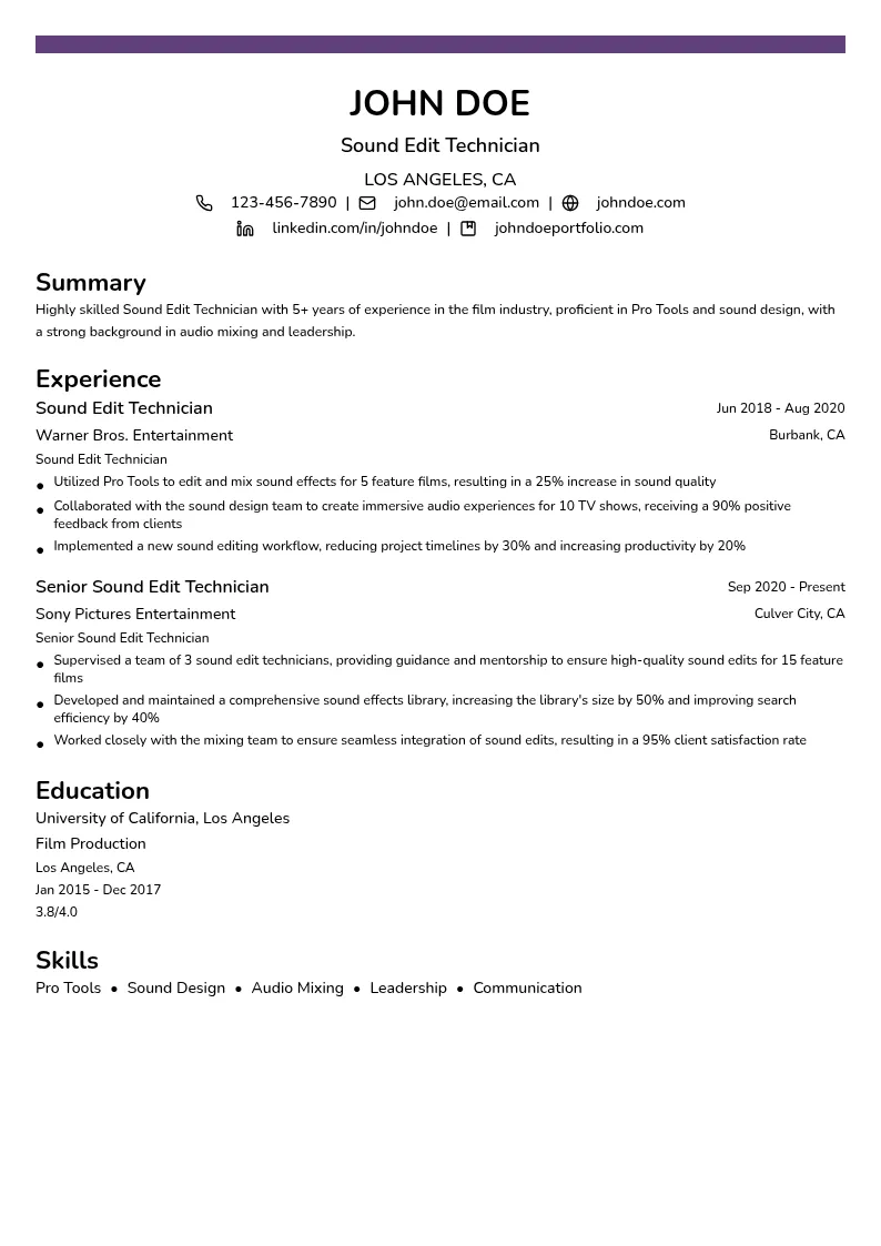 Sound Edit Technician resume example