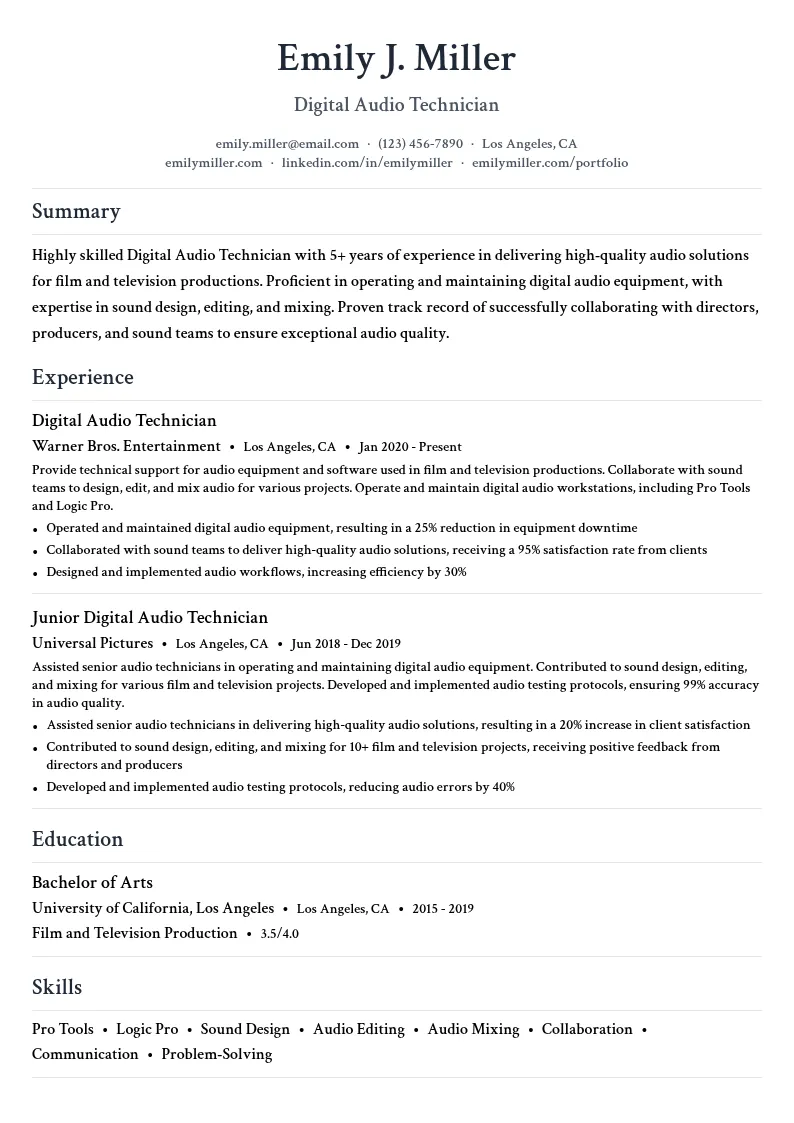 Digital Audio Technician resume example
