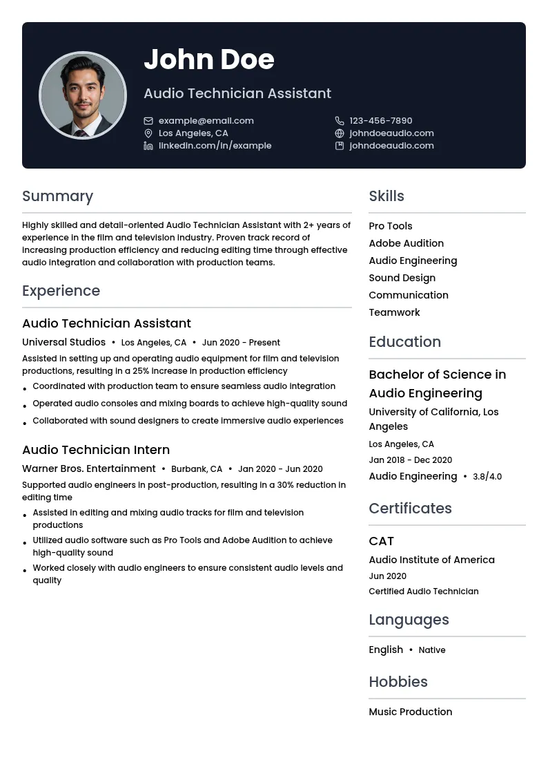 Audio Technician Assistant resume example
