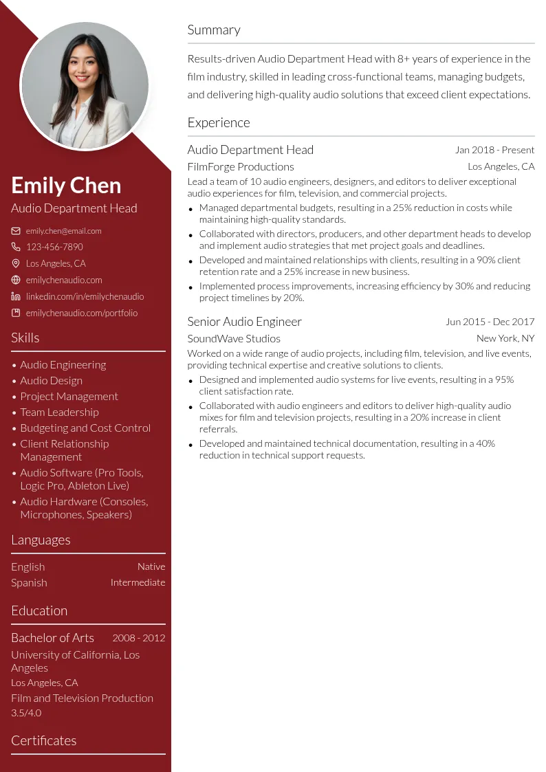 Audio Department Head resume example