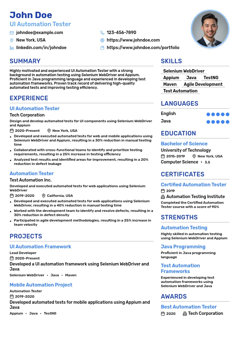 UI Automation Tester resume example