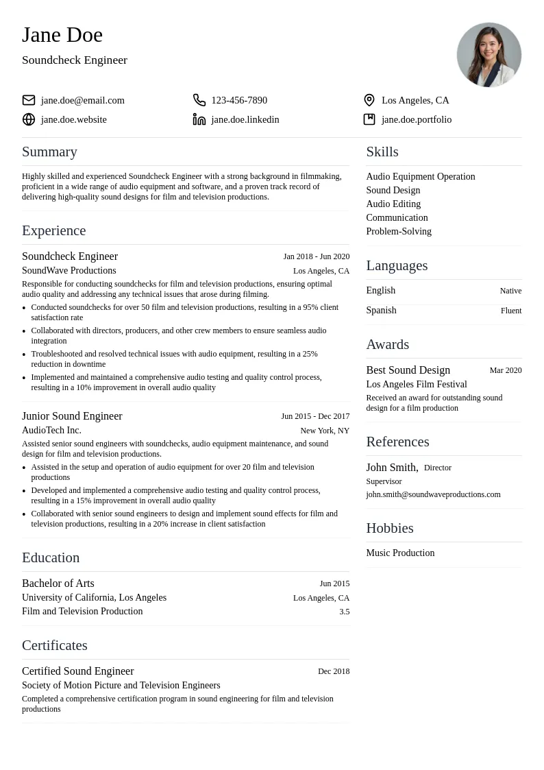 Soundcheck Engineer resume example