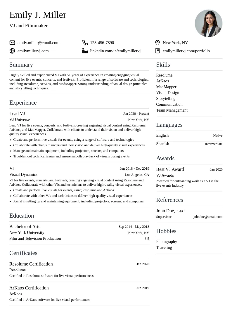 VJ resume example