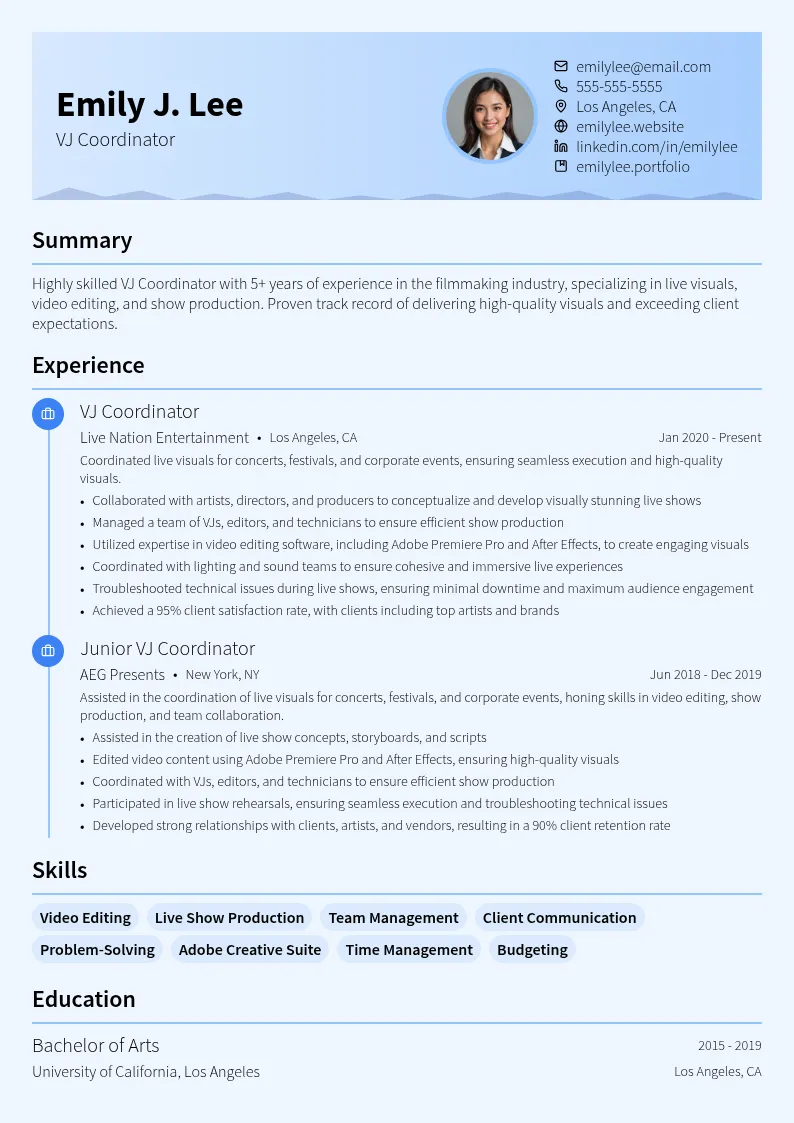 VJ Coordinator resume example