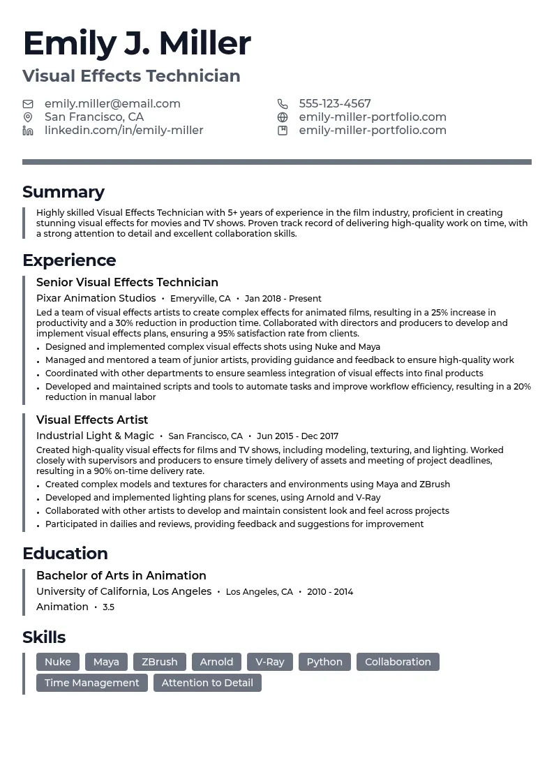 Visual Effects Technician resume example
