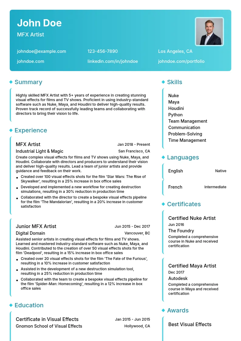 MFX Artist resume example
