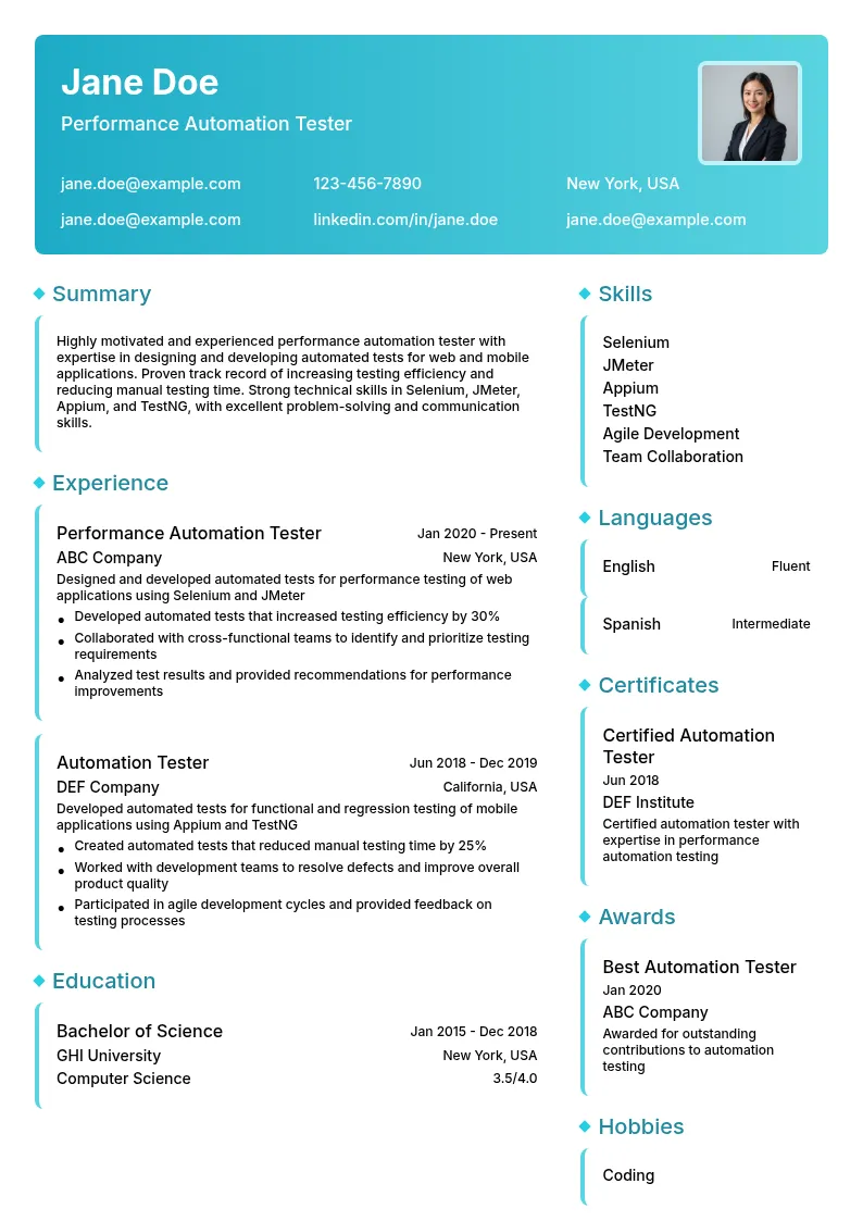 Performance Automation Tester resume example