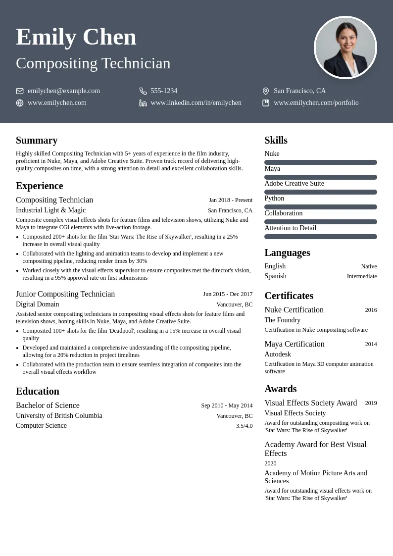 Compositing Technician resume example