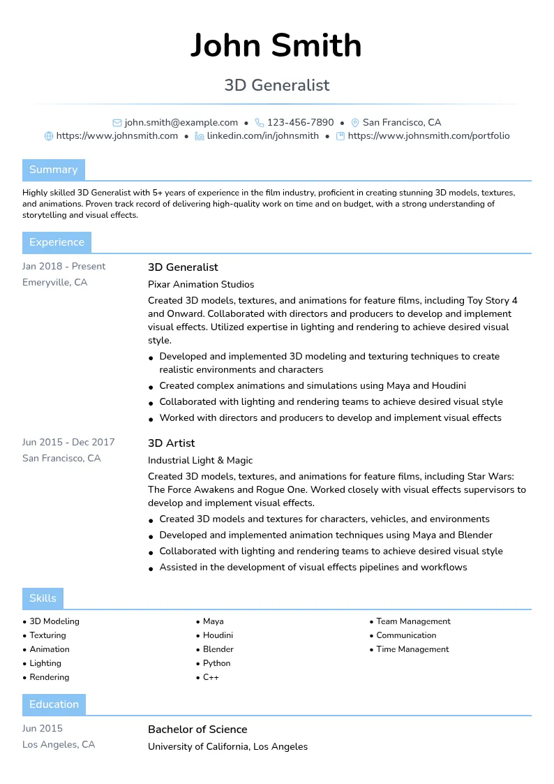 3D Generalist resume example