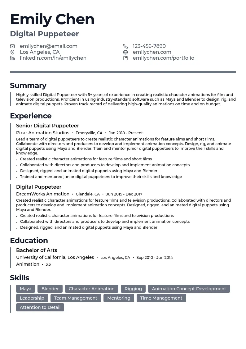 Digital Puppeteer resume example