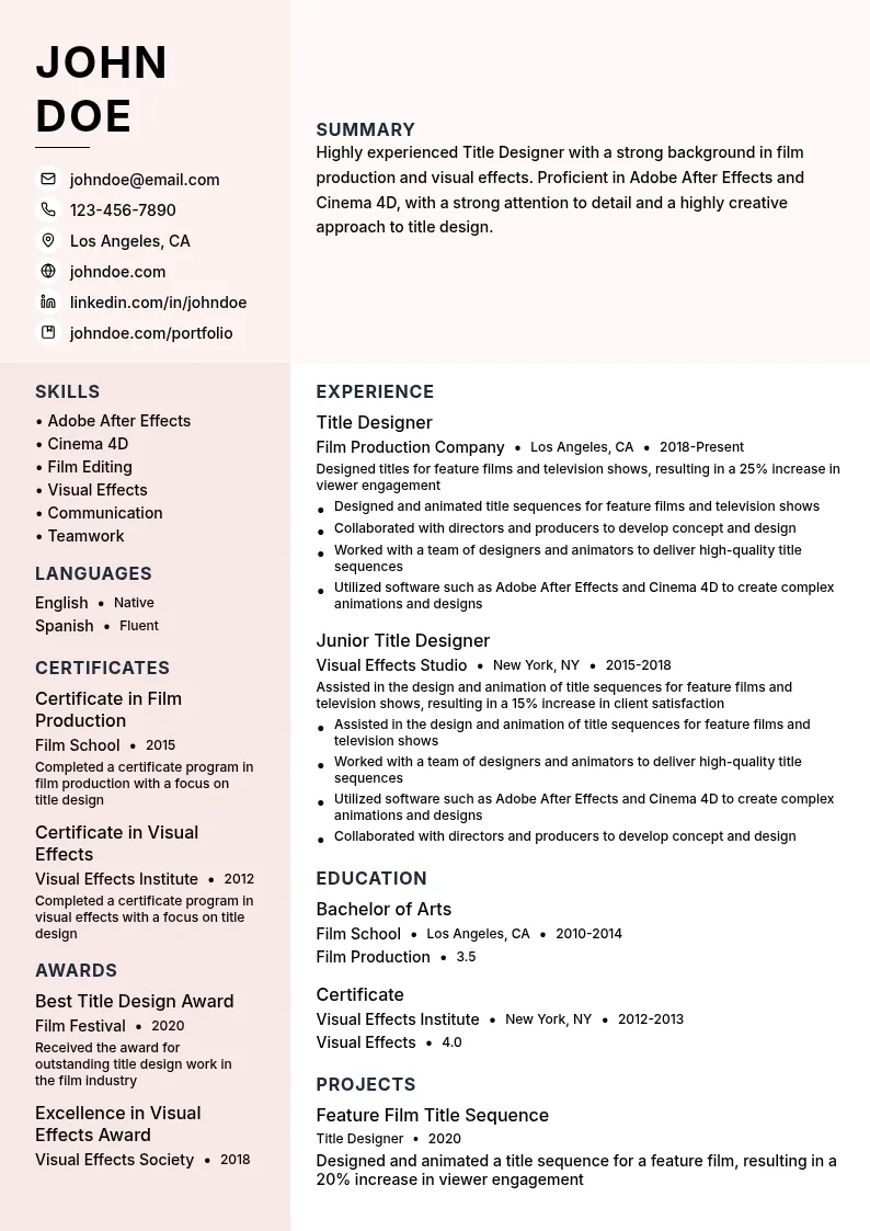 Title Designer resume example