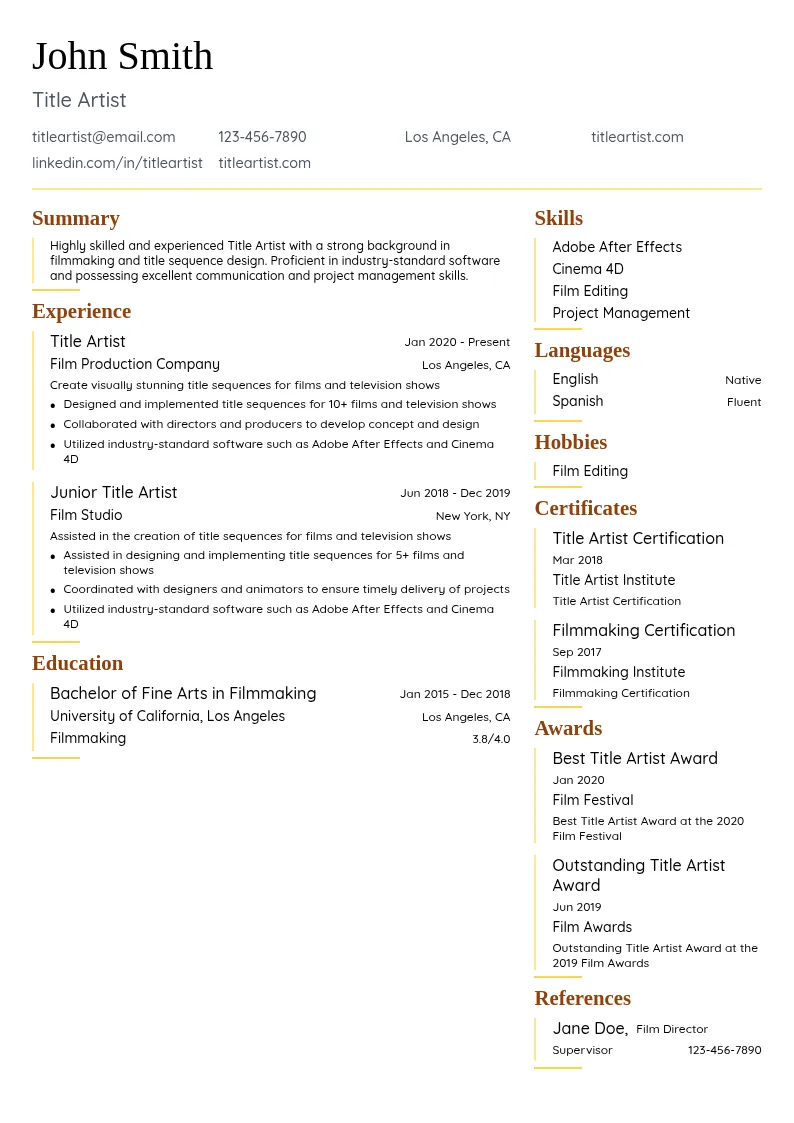 Title Artist resume example