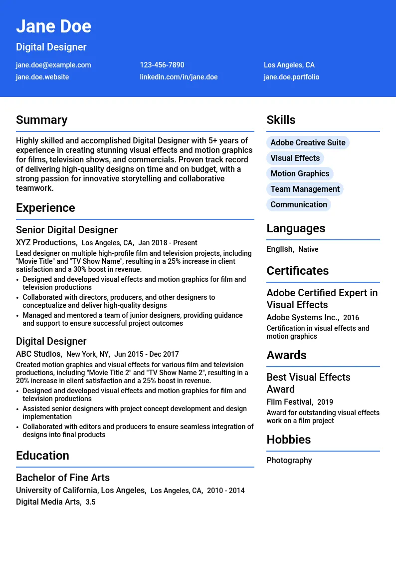 Digital Designer resume example
