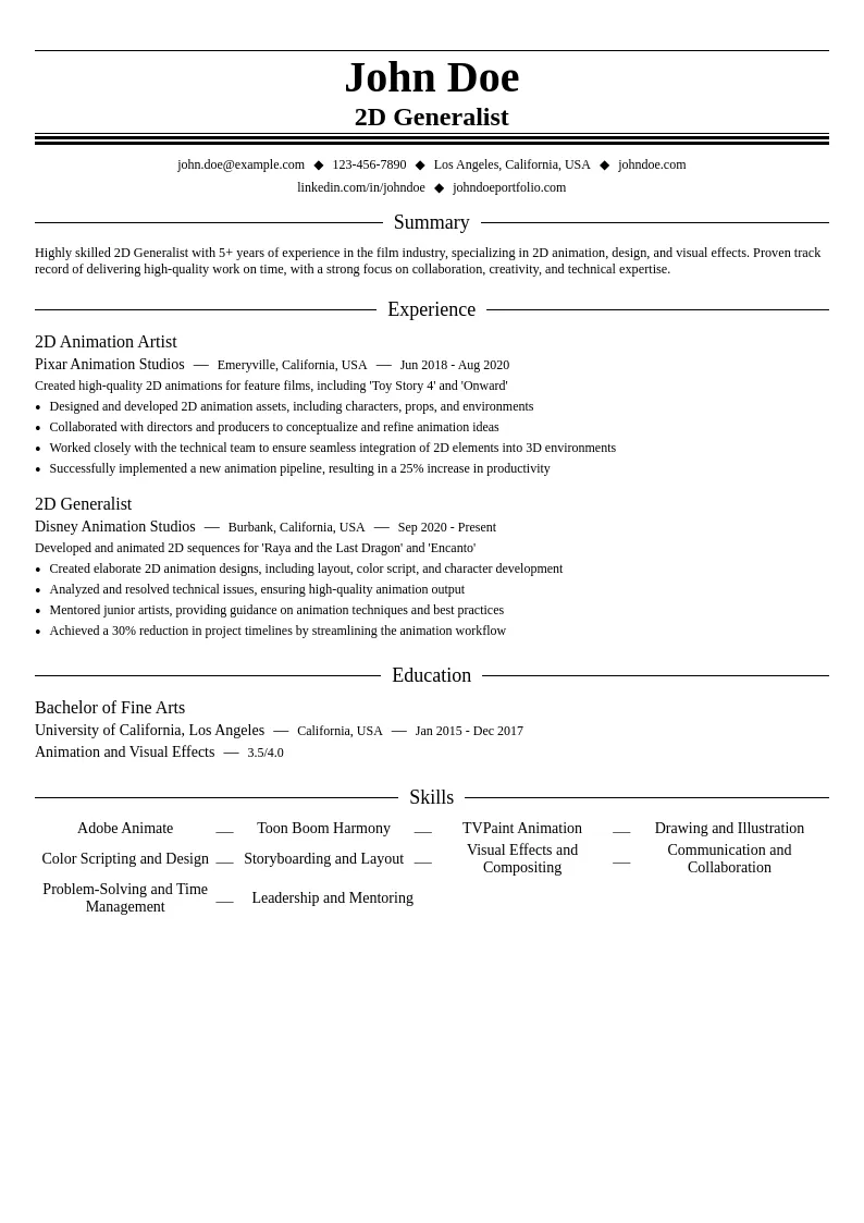 2D Generalist resume example