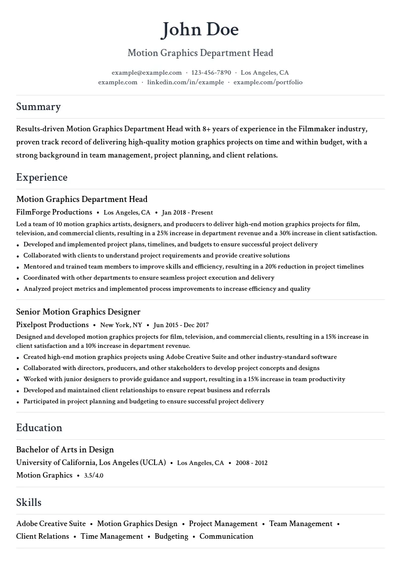 Motion Graphics Department Head resume example