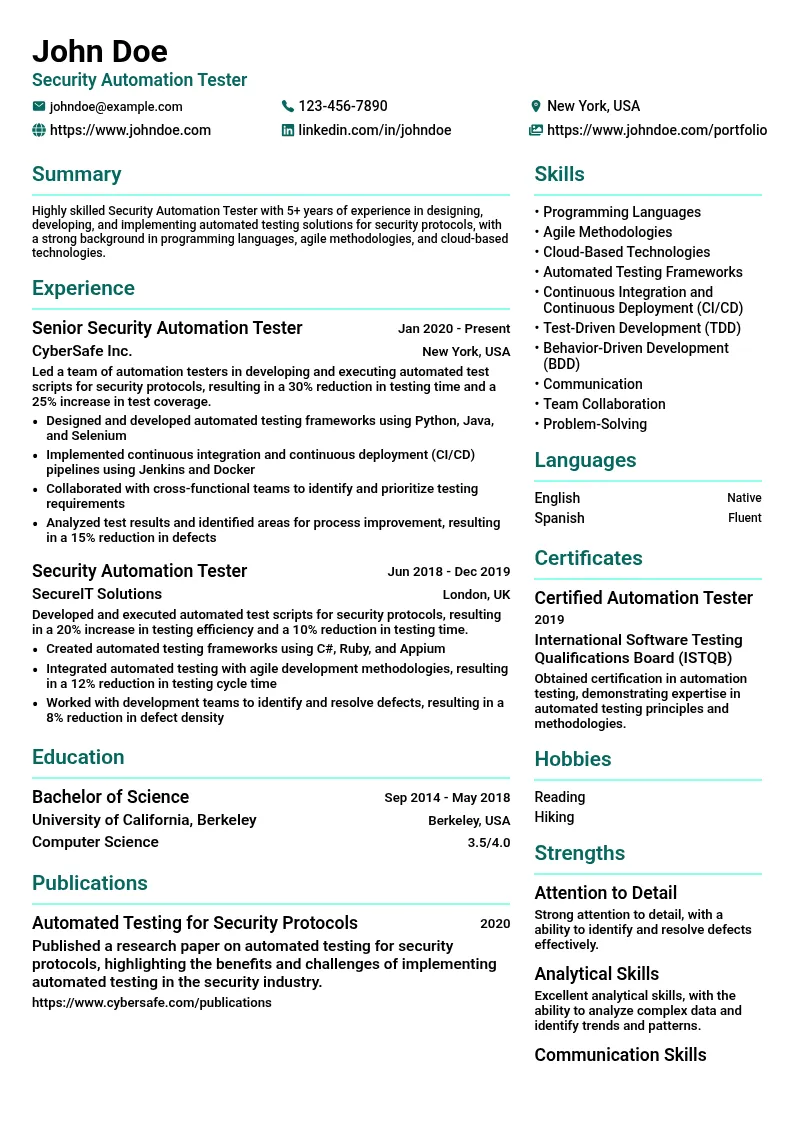 Security Automation Tester resume example