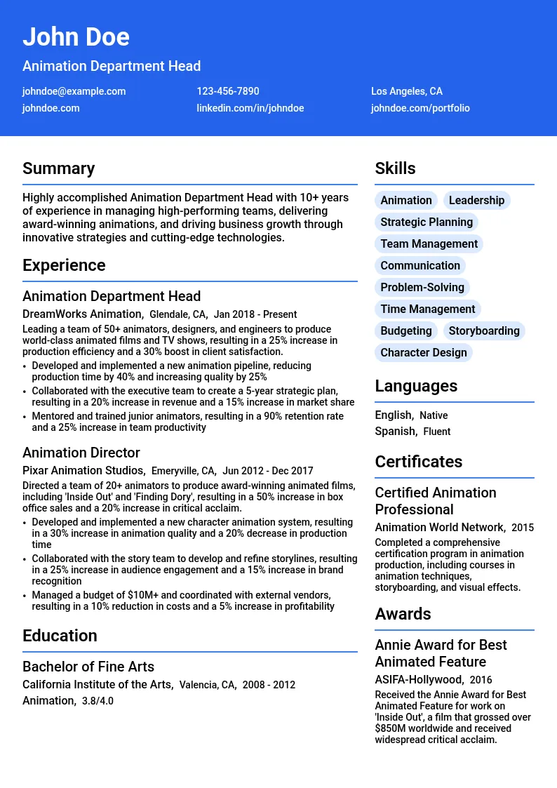 Animation Department Head resume example