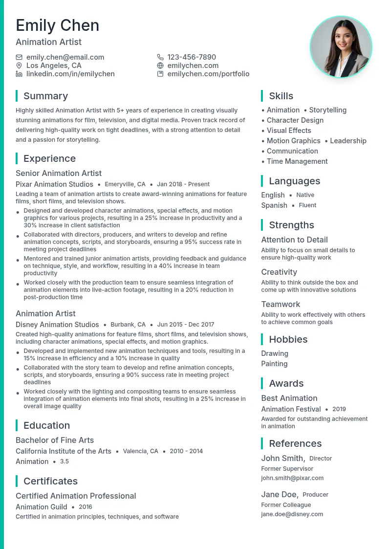 Animation Artist resume example