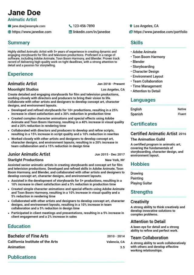 Animatic Artist resume example
