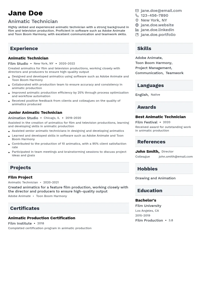 Animatic Technician resume example