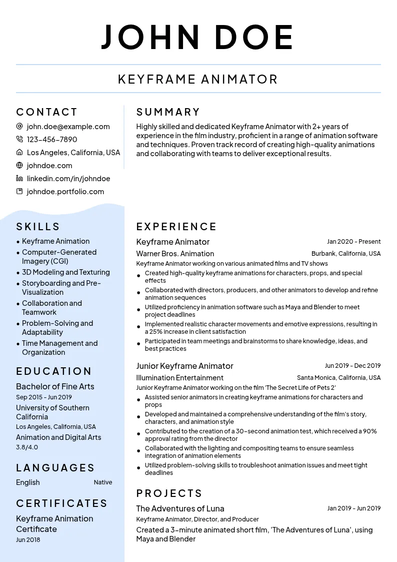 Keyframe Animator resume example