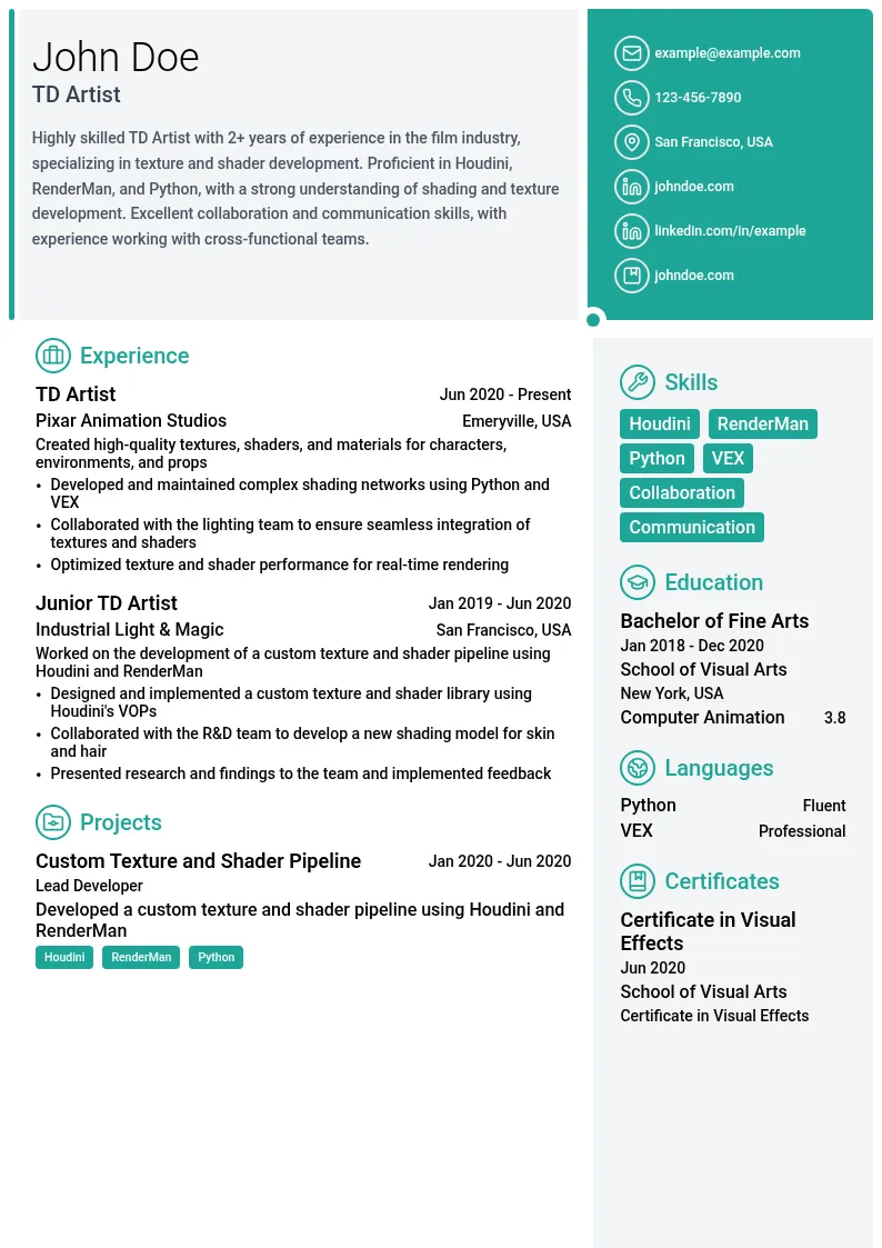 TD Artist resume example
