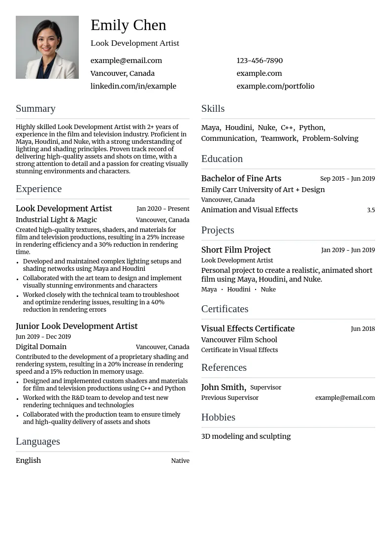 Look Development Artist resume example