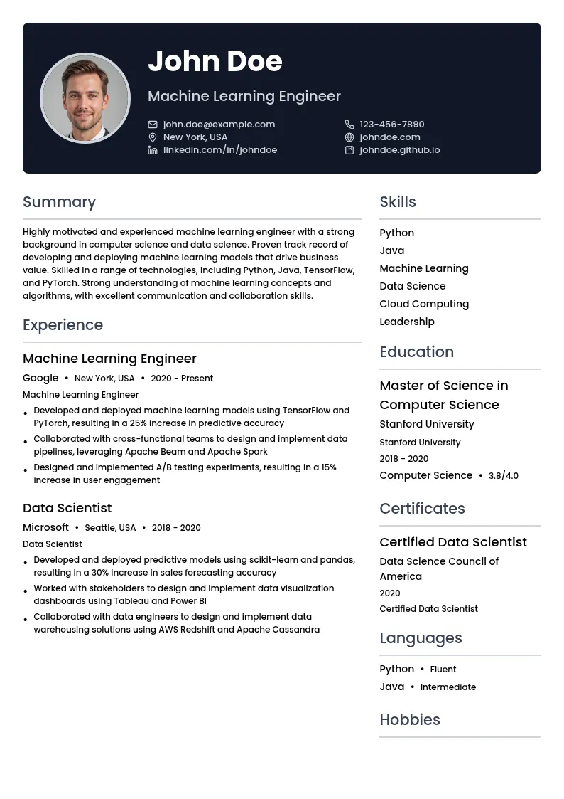 Machine Learning Engineer resume example